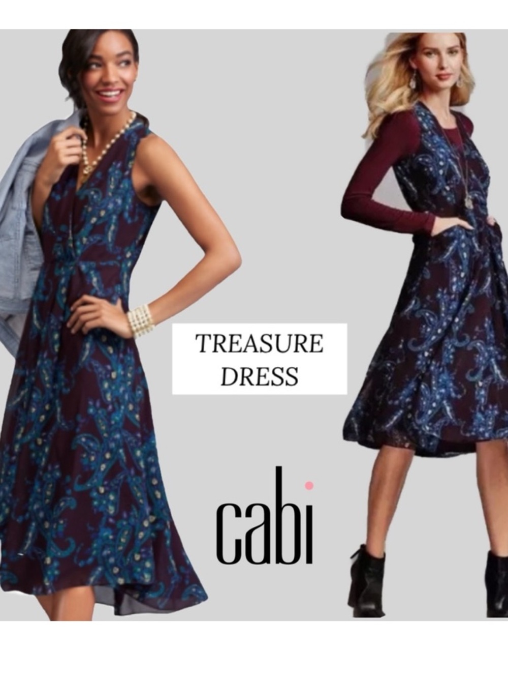 CAbi Treasure Paisley #3461 Floral Pocket Midi Dress Blue Plum Short Sleeve 12 - Picture 1 of 13